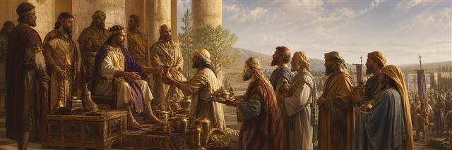 David receiving tribute and dedicating captured treasures before his commanders
